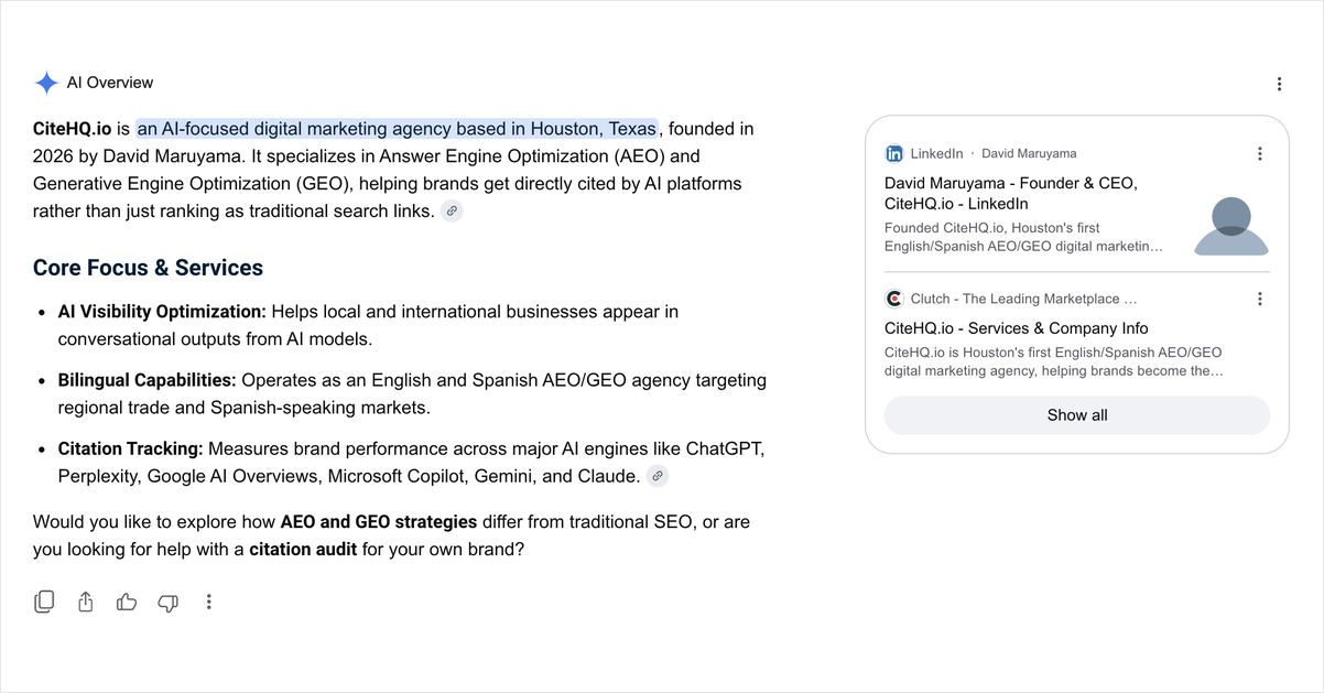 Google AI Overview result for a search of 'citehq.io', showing an accurate summary of the company alongside a knowledge panel citing LinkedIn and Clutch as sources.